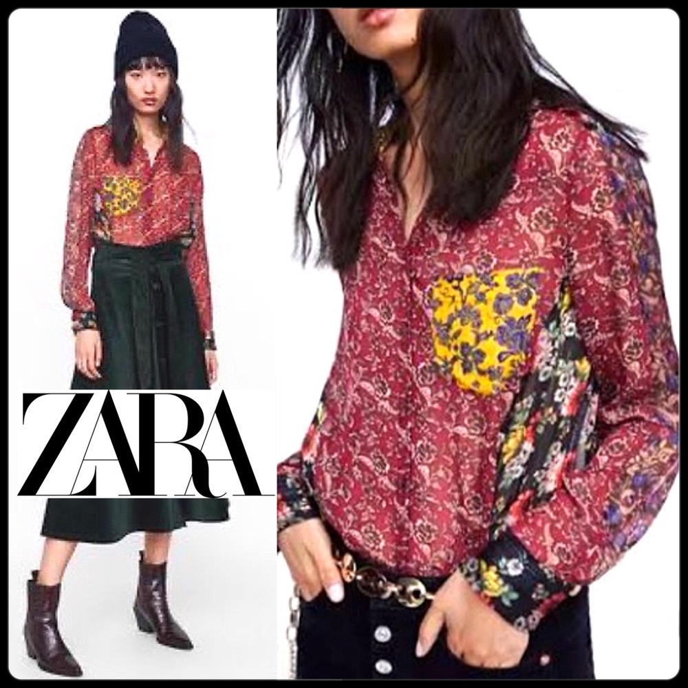 Zara Floral Patchwork Button-Down Sheer Blouse - image 1